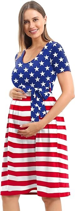 Women's Maternity Dress Casual Maternity Swing Dress Pregnancy Clothes Knee Length with Belt