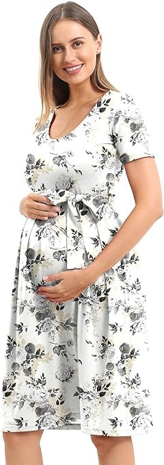 Women's Maternity Dress Casual Maternity Swing Dress Pregnancy Clothes Knee Length with Belt