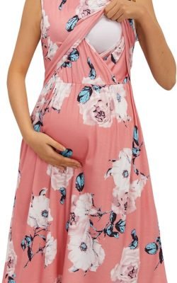 Womens Solid/Floral Maternity Dresses Sleeveless/Long Sleeve Nursing Gown Breastfeeding Clothes