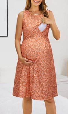 Womens Solid/Floral Maternity Dresses Sleeveless/Long Sleeve Nursing Gown Breastfeeding Clothes